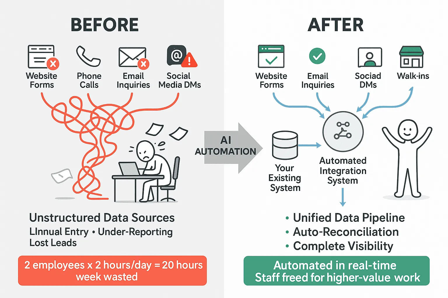 Before and After AI Automation - Lead Source Integration Workflow showing unstructured data sources becoming a unified automated system